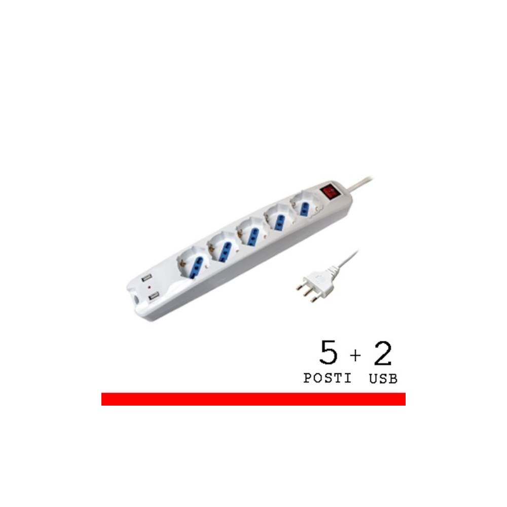 MULTIPRESA CON INTERRUTTORE CON CAVO 5 PRESE SCHUKO + 2 USB 16A MULTIPRESA CON INTERRUTTORE CON CAVO 5 PRESE SCHUKO + 2 USB 16A