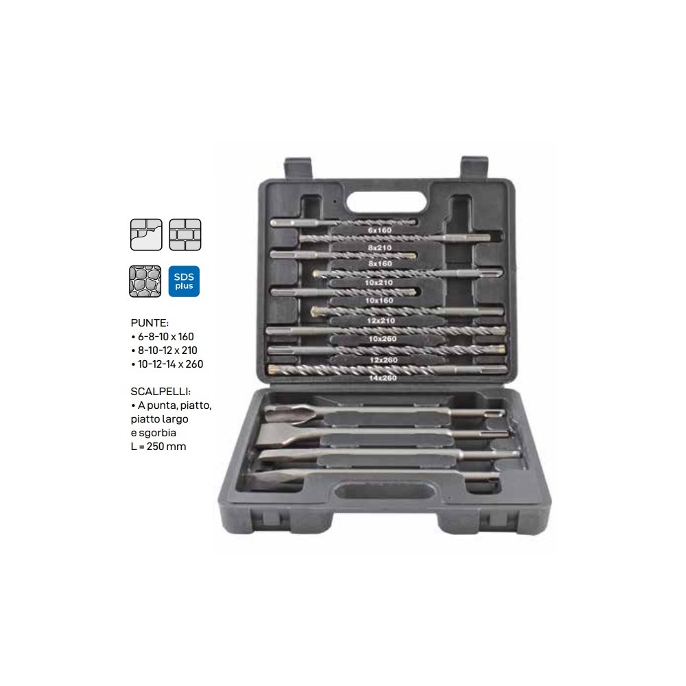 ASSORTIMENTO PUNTE 4 TAGLIENTI K8 E SCALPELLI SDS PLUS 13 PEZZI KRINO ASSORTIMENTO PUNTE 4 TAGLIENTI K8 E SCALPELLI SDS PLUS 13 PEZZI KRINO