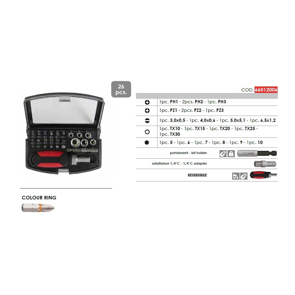 INSERTI ASSORTIMENTO ASTUCCIO 1/4” COLOUR GIRAVITE A CRICCHETTO PCS 26 LTI INSERTI ASSORTIMENTO ASTUCCIO 1/4” COLOUR GIRAVITE A CRICCHETTO PCS 26 LTI