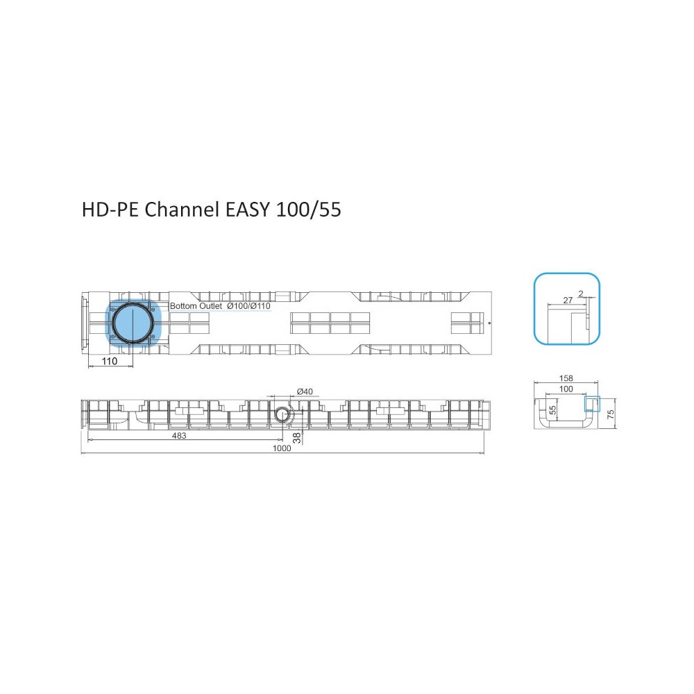 CANALETTA EASY 100 IN POLIETILENE PE-HD CLASSE C250 EN1433 LUNGHEZZA MT 1 LARGHEZZA ESTERNA MM 158 INTERNA MM 100