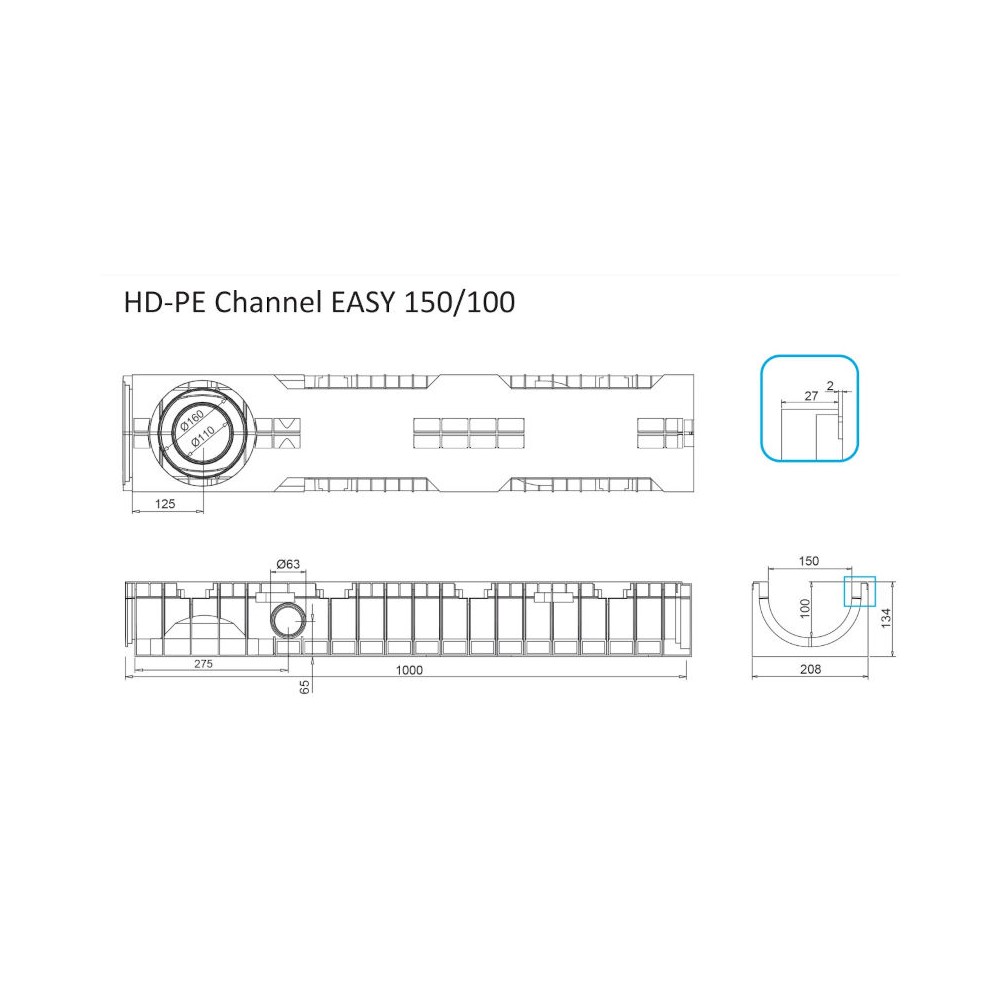 CANALETTA EASY 150 IN POLIETILENE PE-HD CLASSE C250 EN1433 LUNGHEZZA MT 1 LARGHEZZA ESTERNA MM 208 INTERNA MM 150