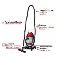 ASPIRASOLIDI E LIQUIDI BIDONE INOX TC-VC 3055 SA LITRI 30 900W EINHELL