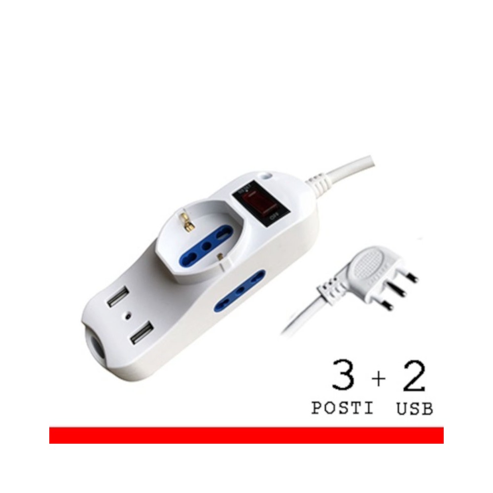 MULTIPRESA CON INTERRUTTORE CON CAVO 3 PRESE SCHUKO + 2 USB 16A
