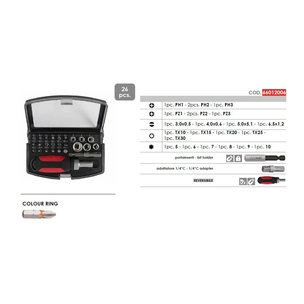 INSERTI ASSORTIMENTO ASTUCCIO 1/4” COLOUR GIRAVITE A CRICCHETTO PCS 26 LTI