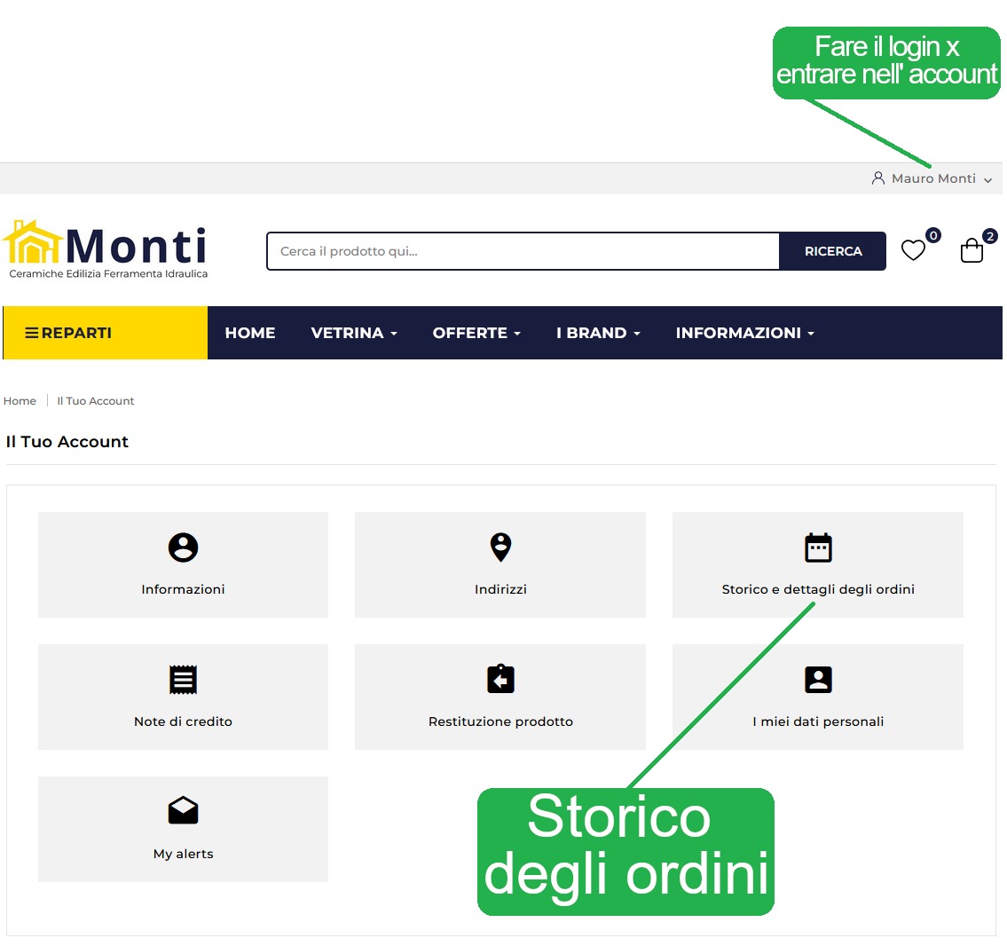 Accesso account e storico ordini