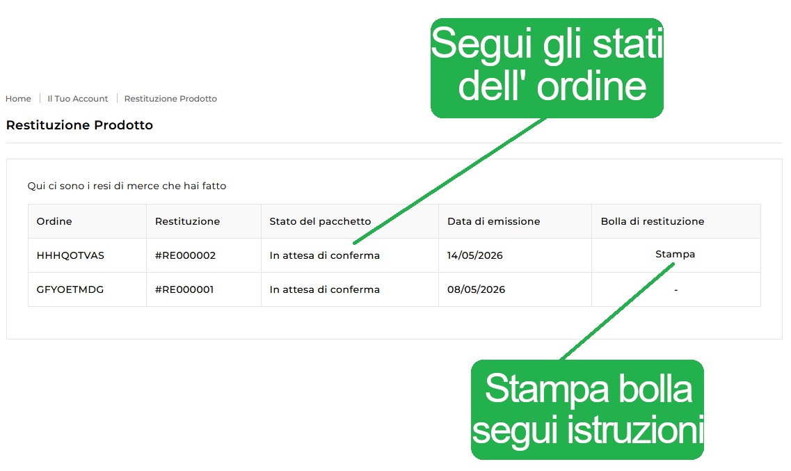 Stato reso e stampa bolla